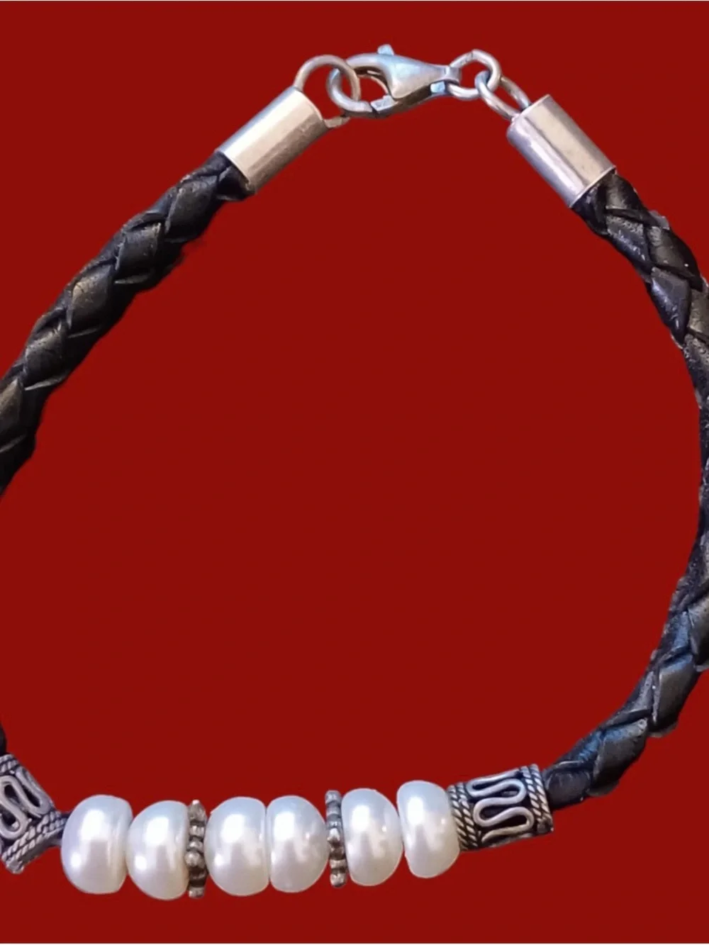 925 Sterling Silver Natural Pearl Braided Leather Bracelet 7.5